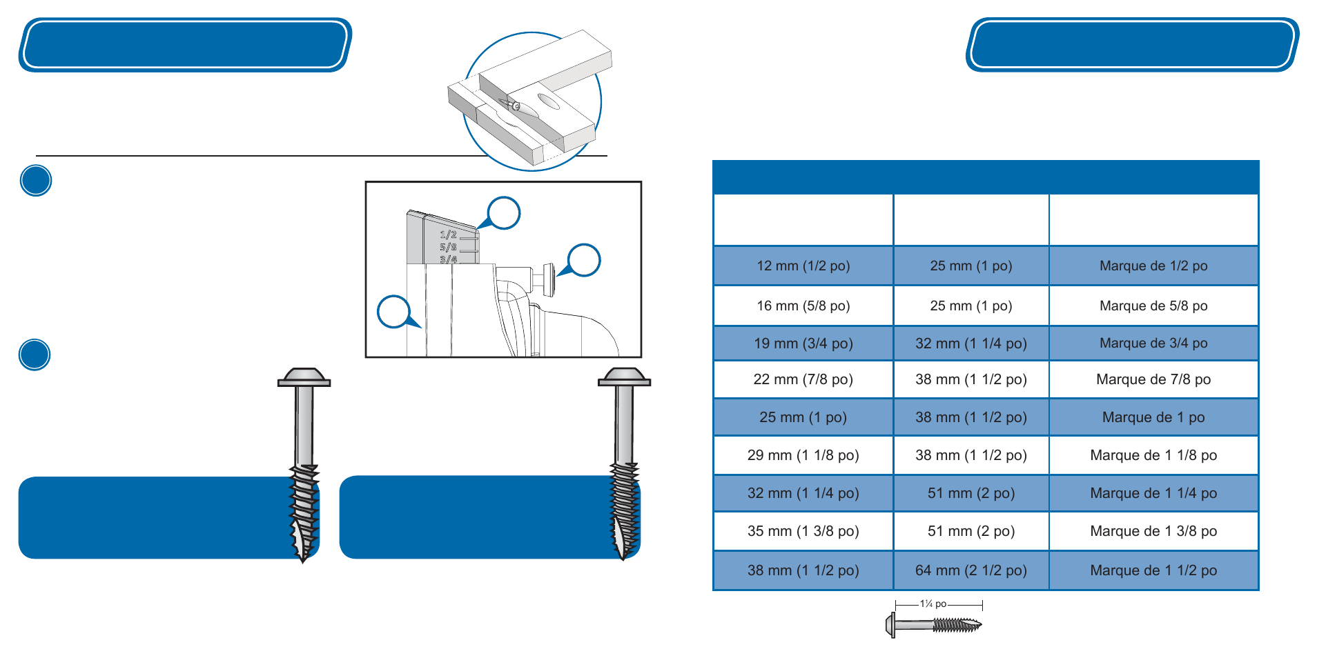Réglages, Sélection des vis/tableau de réglage du kreg jig, Fixez le guide-foret | Choisissez une vis, Vis à fi let fi n, Vis à fi let normal | Kreg Jig K5 User Manual | Page 13 / 29