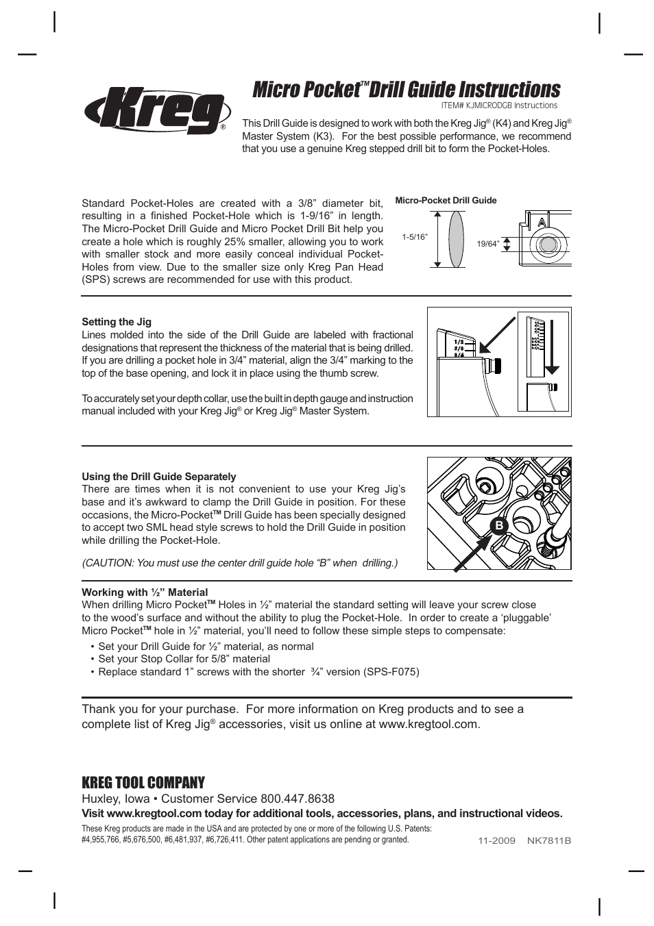 Micro pocket, Drill guide instructions, Kreg tool company | Kreg KJMICRODGB Micro-Pocket Drill Guide User Manual | Page 2 / 2