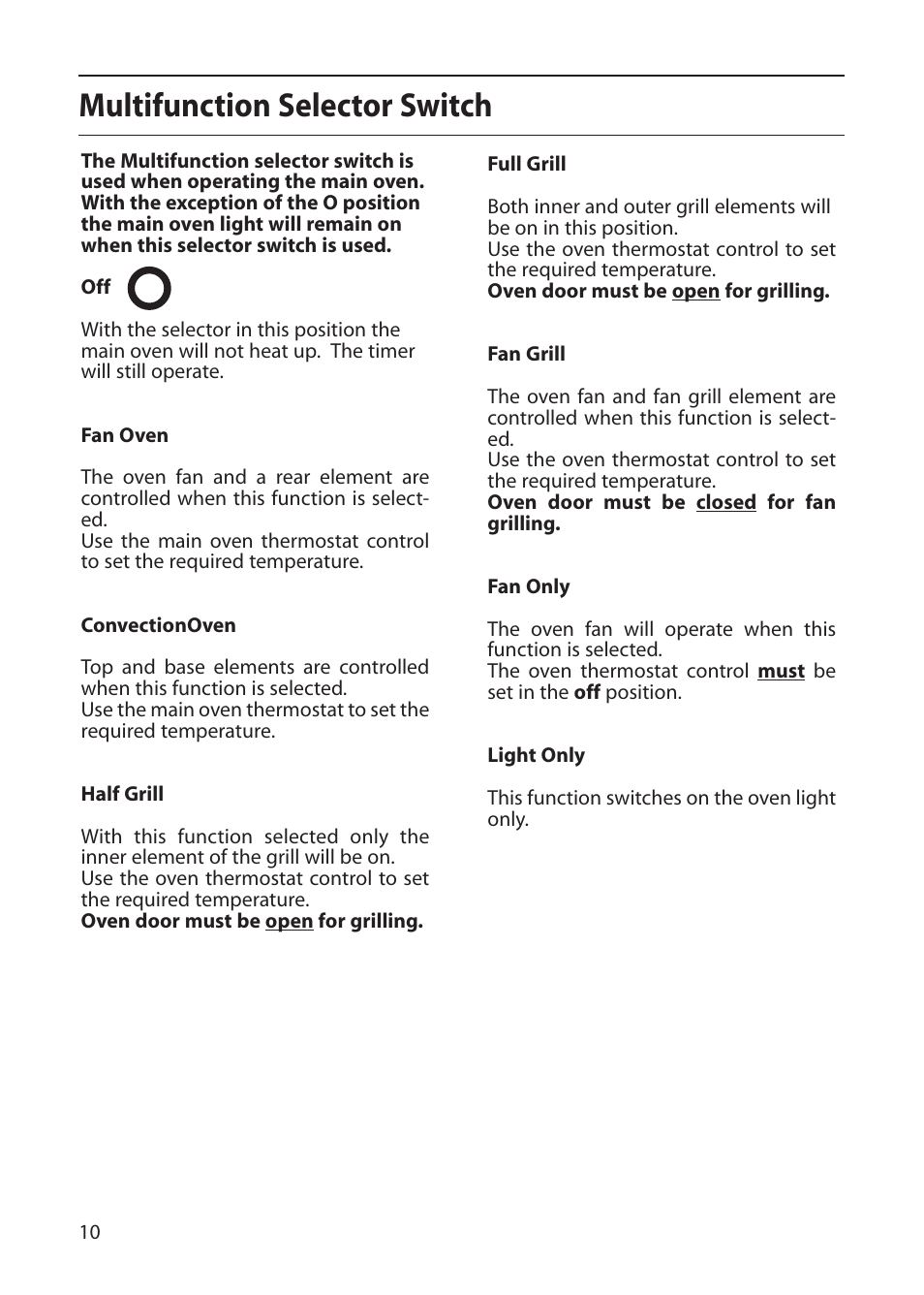 Multifunction selector switch | Creda S150E User Manual | Page 10 / 44