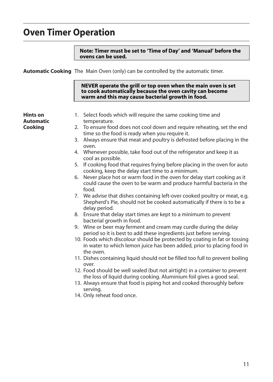 Oven timer operation | Creda S150E User Manual | Page 11 / 44