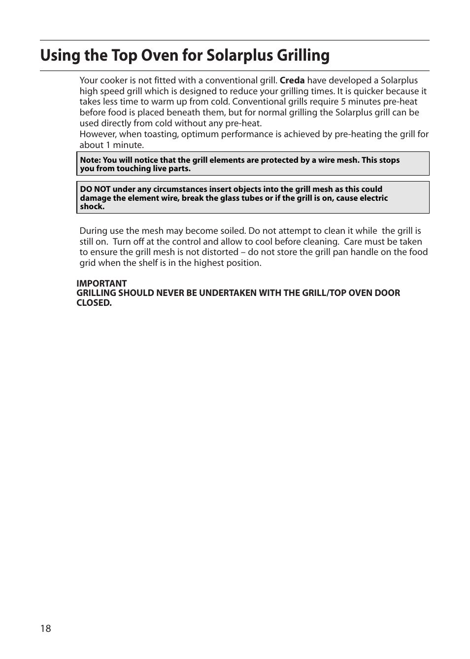 Using the top oven for solarplus grilling | Creda S150E User Manual | Page 18 / 44