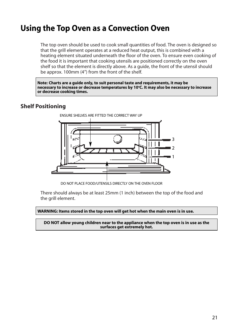 Using the top oven as a convection oven, Shelf positioning | Creda S150E User Manual | Page 21 / 44