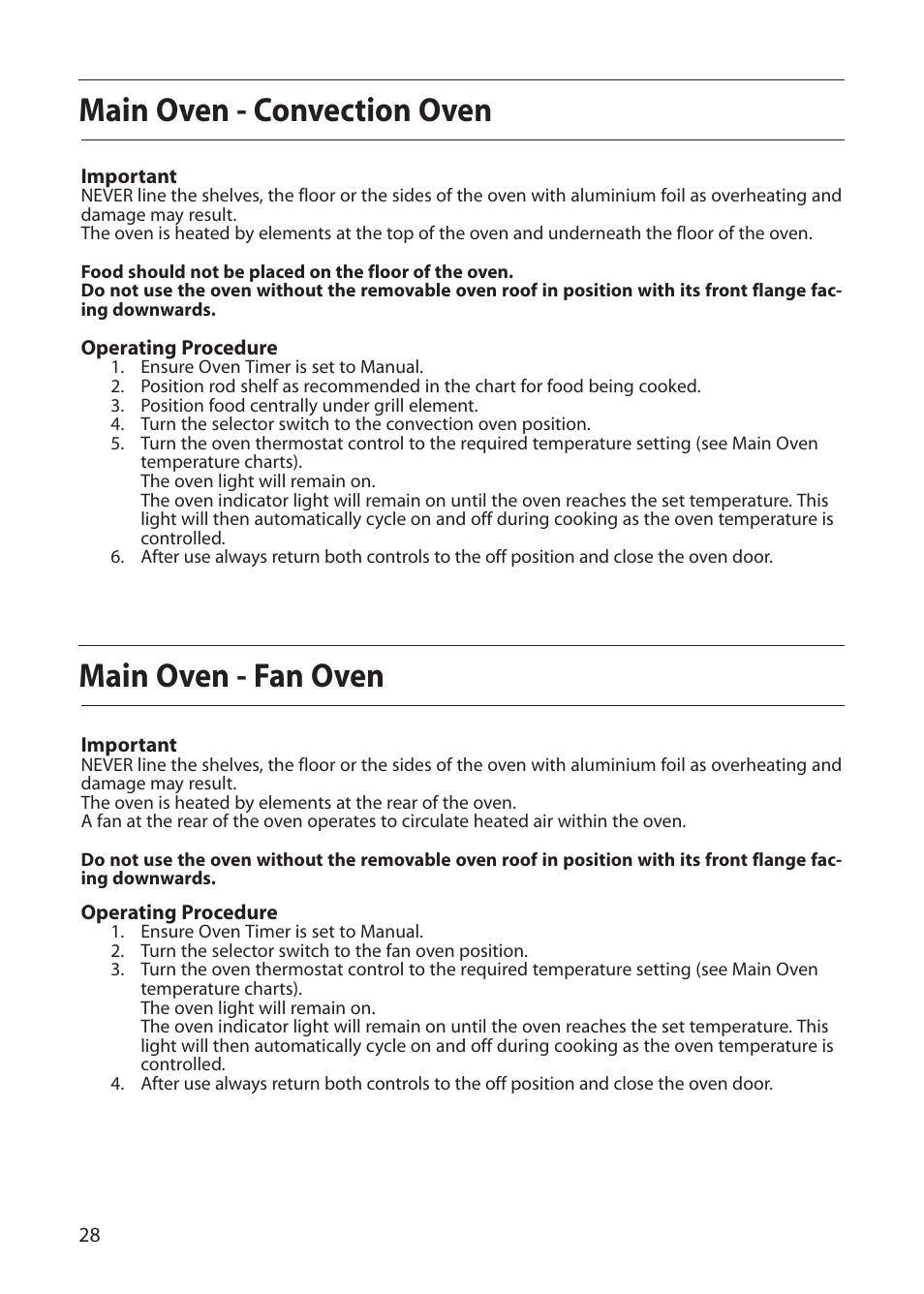 Main oven - convection oven, Main oven - fan oven | Creda S150E User Manual | Page 28 / 44