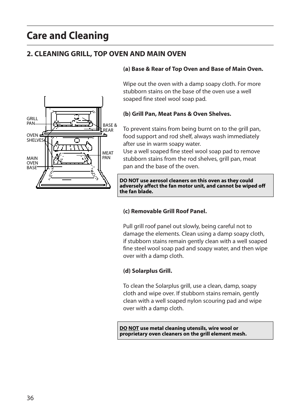 Care and cleaning, Cleaning grill, top oven and main oven | Creda S150E User Manual | Page 36 / 44