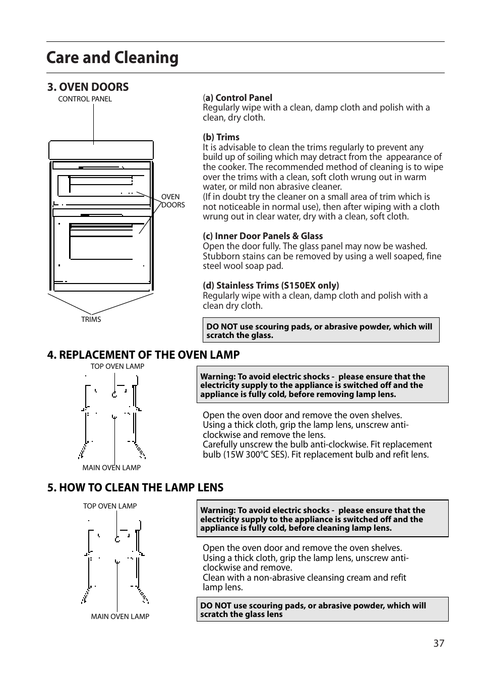 Care and cleaning, Oven doors, Replacement of the oven lamp | How to clean the lamp lens | Creda S150E User Manual | Page 37 / 44