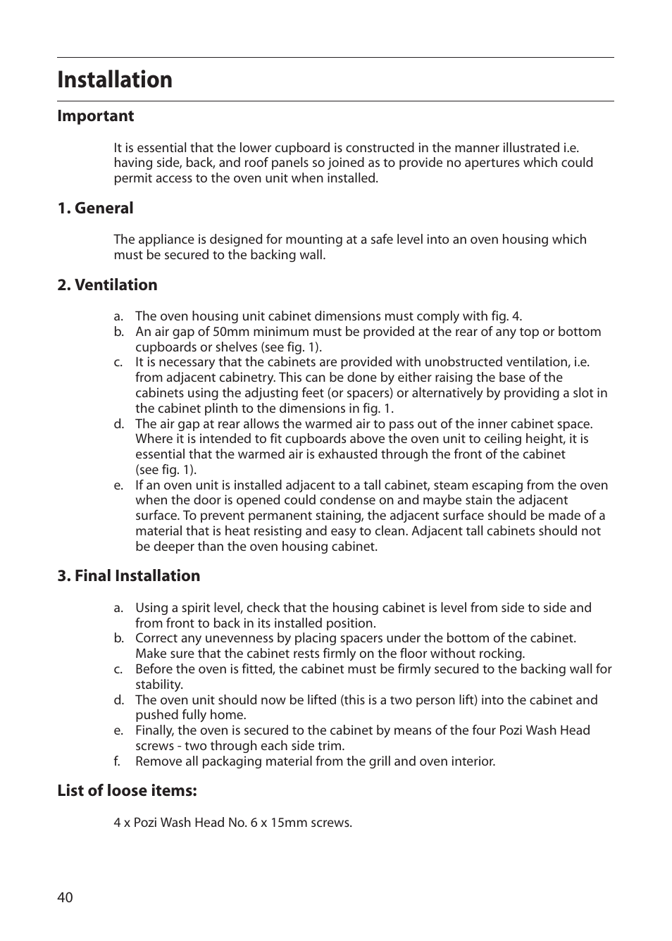 Installation | Creda S150E User Manual | Page 40 / 44