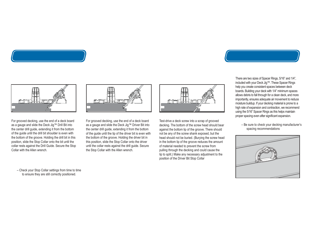 Operation, Spacer rings, Grooved decking | Kreg Deck Jig User Manual | Page 5 / 9