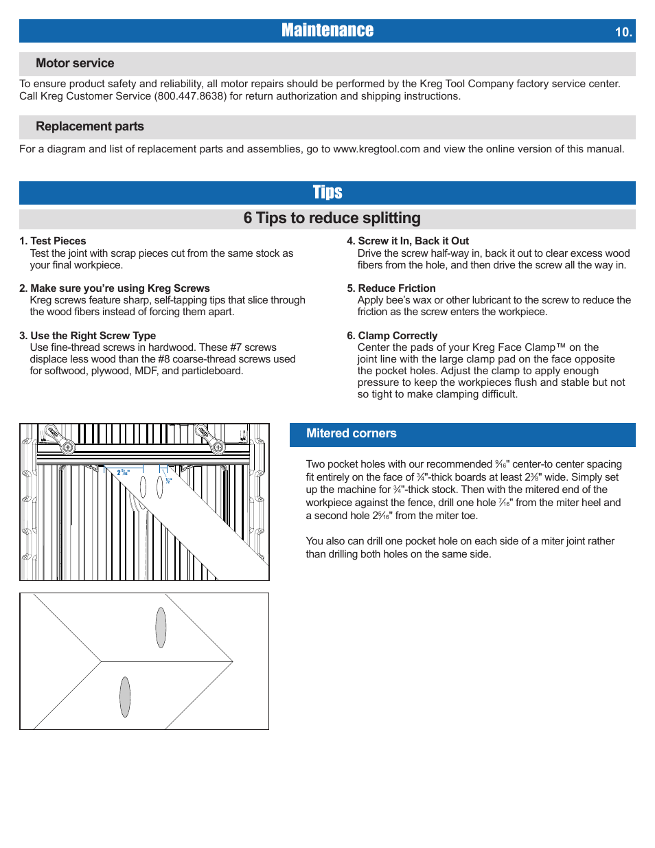 Maintenance, Tips, 6 tips to reduce splitting | Mitered corners, Motor service, Replacement parts | Kreg DB210 Foreman Pocket-Hole Machine User Manual | Page 13 / 44