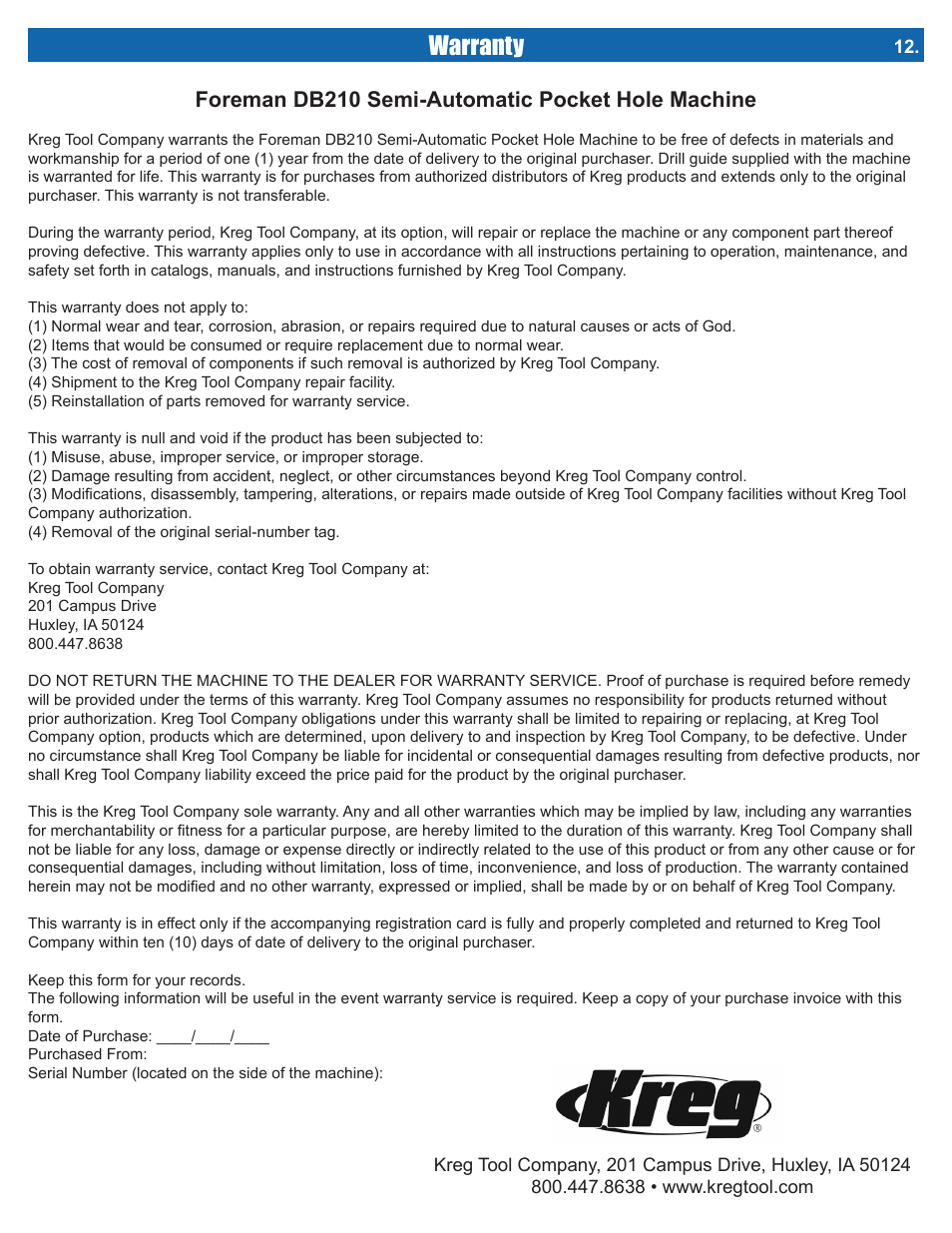 Warranty, Foreman db210 semi-automatic pocket hole machine | Kreg DB210 Foreman Pocket-Hole Machine User Manual | Page 15 / 44