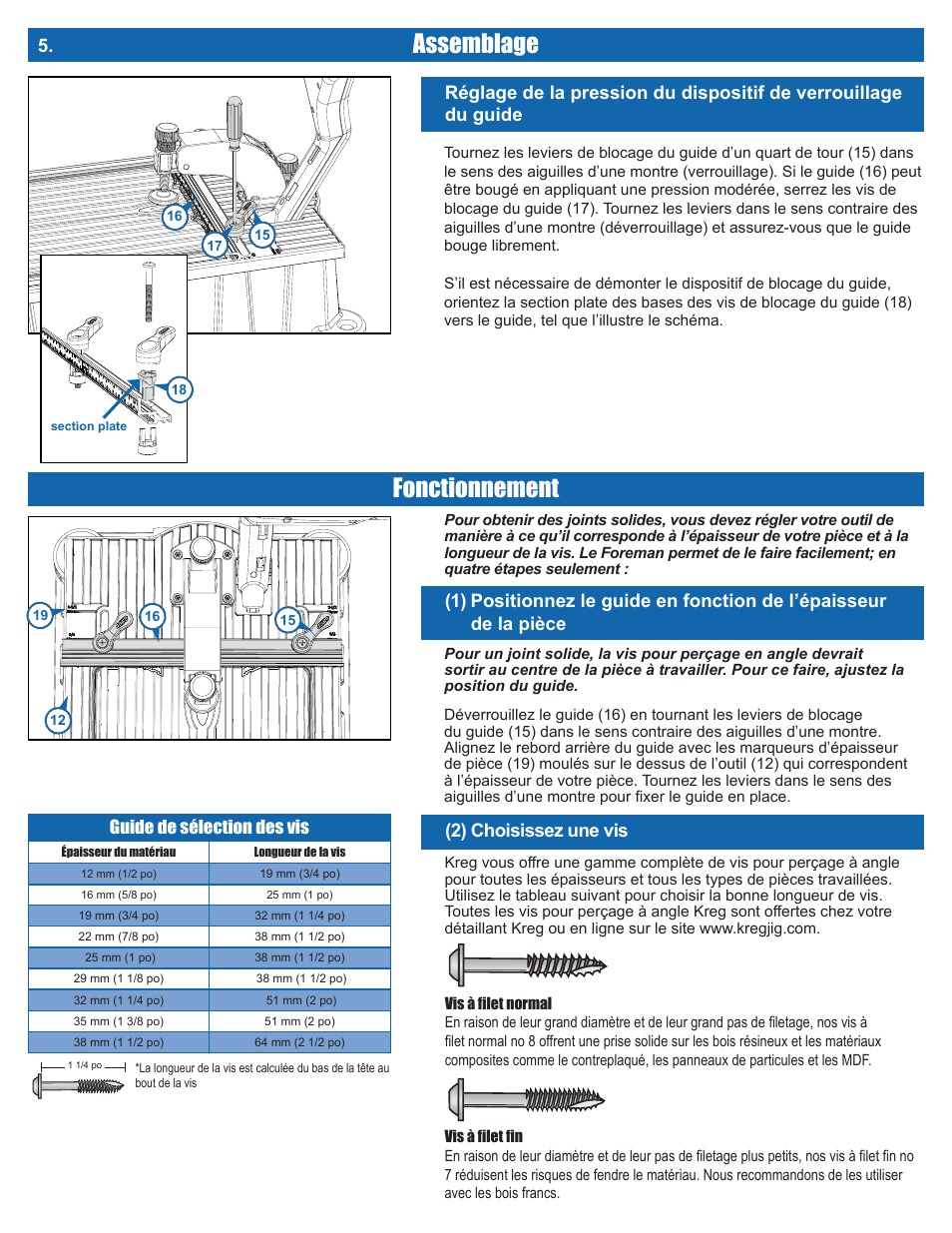 Assemblage, Fonctionnement, 2) choisissez une vis | Kreg DB210 Foreman Pocket-Hole Machine User Manual | Page 22 / 44