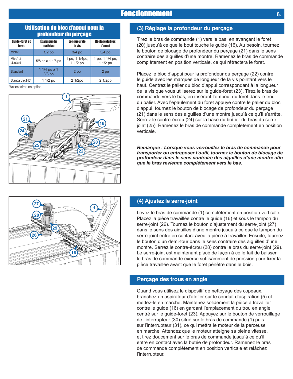 Fonctionnement, 3) réglage la profondeur du perçage, Perçage des trous en angle | 4) ajustez le serre-joint | Kreg DB210 Foreman Pocket-Hole Machine User Manual | Page 23 / 44