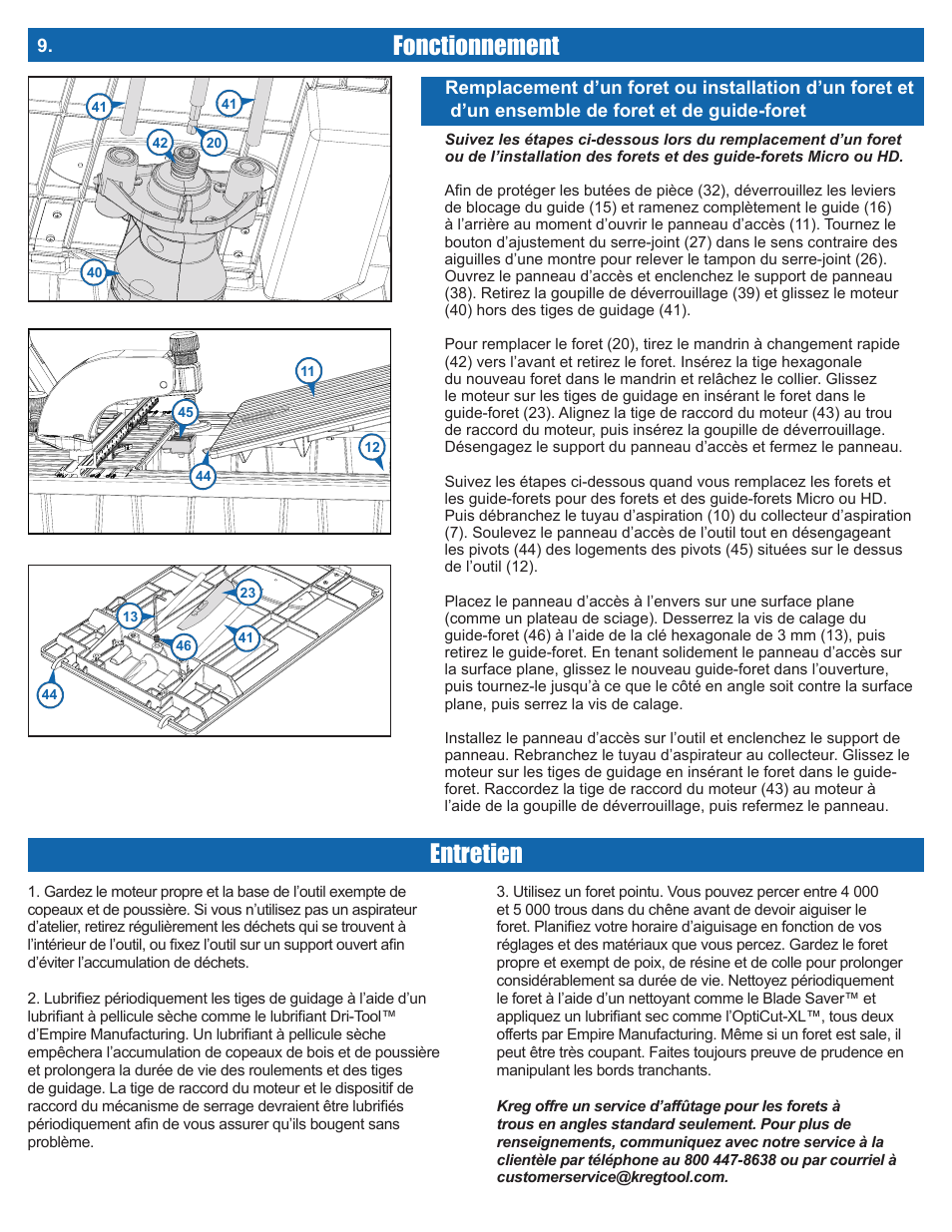 Fonctionnement, Entretien | Kreg DB210 Foreman Pocket-Hole Machine User Manual | Page 26 / 44