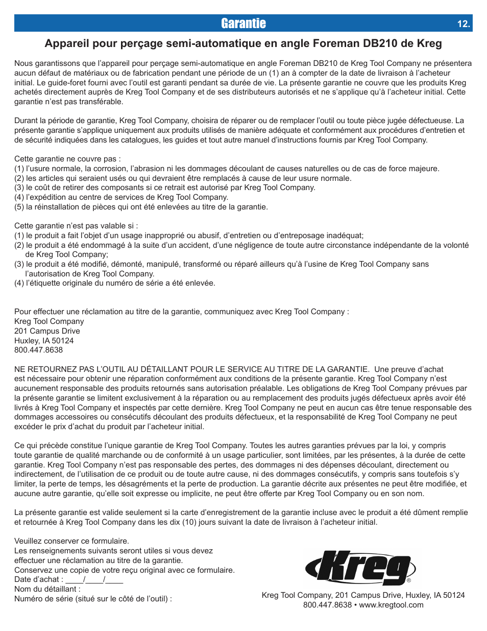 Garantie | Kreg DB210 Foreman Pocket-Hole Machine User Manual | Page 29 / 44