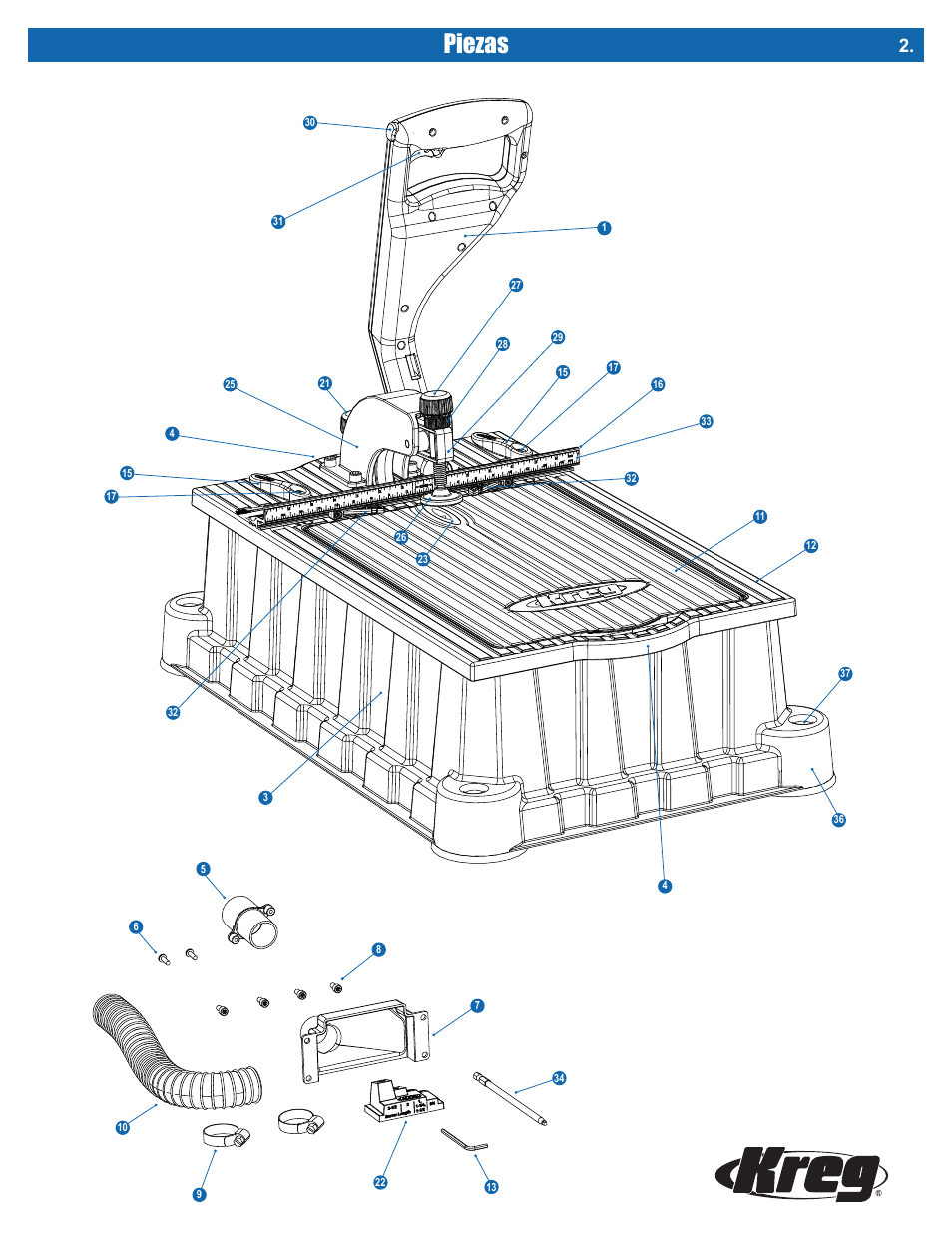 Piezas | Kreg DB210 Foreman Pocket-Hole Machine User Manual | Page 33 / 44