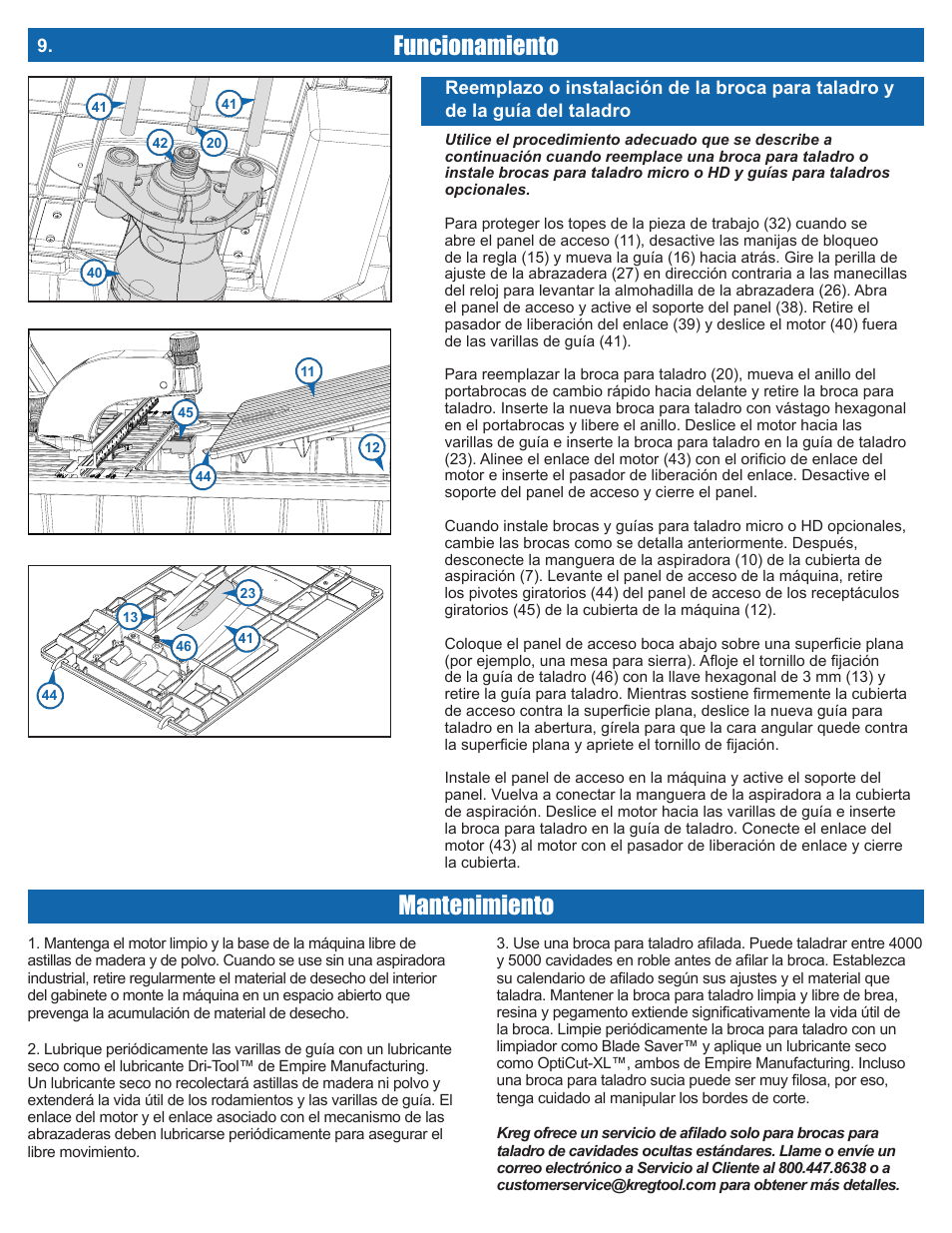 Funcionamiento, Mantenimiento | Kreg DB210 Foreman Pocket-Hole Machine User Manual | Page 40 / 44