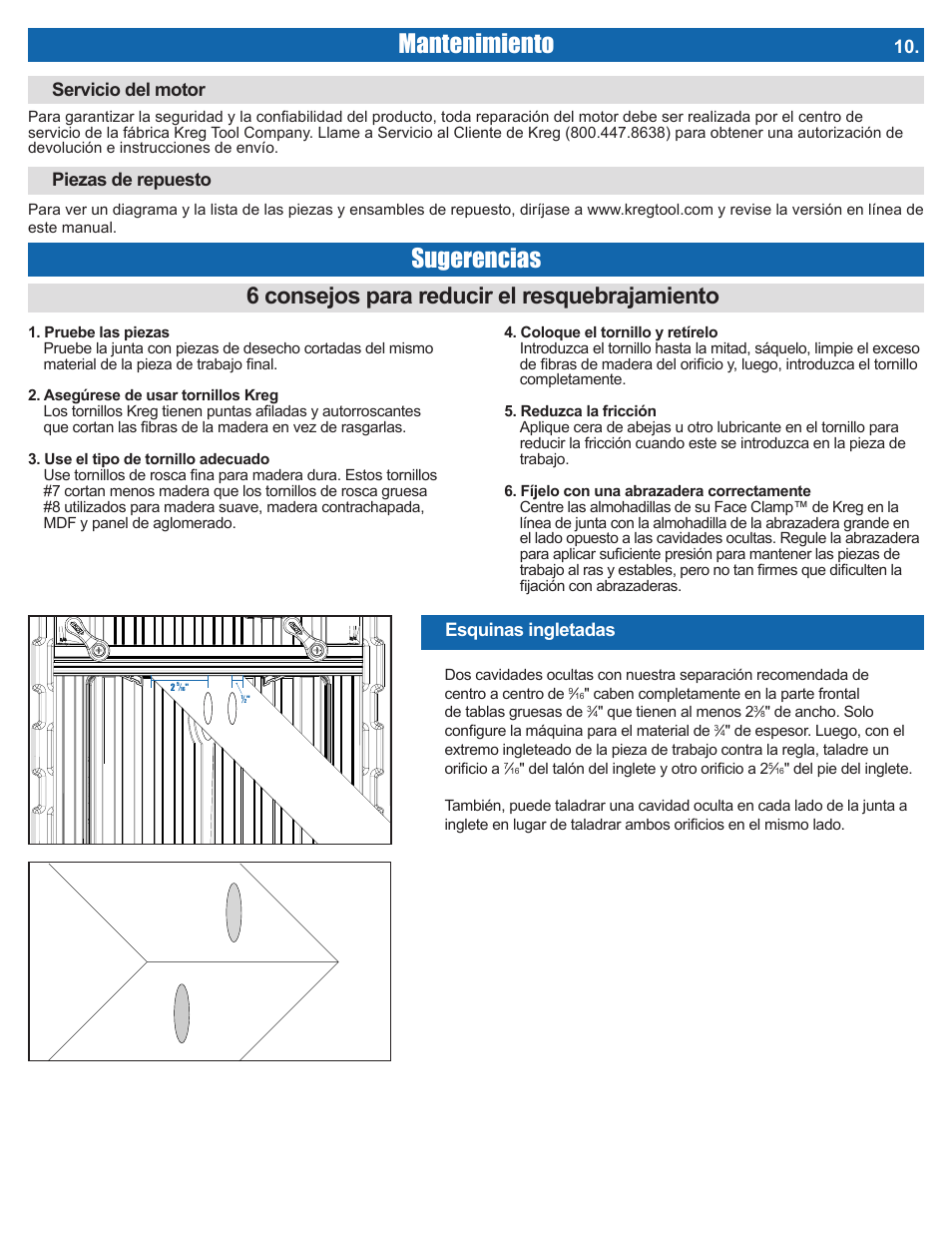 Mantenimiento, Sugerencias, 6 consejos para reducir el resquebrajamiento | Esquinas ingletadas, Servicio del motor, Piezas de repuesto | Kreg DB210 Foreman Pocket-Hole Machine User Manual | Page 41 / 44