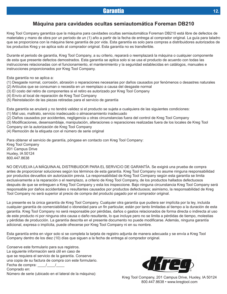 Garantía | Kreg DB210 Foreman Pocket-Hole Machine User Manual | Page 43 / 44