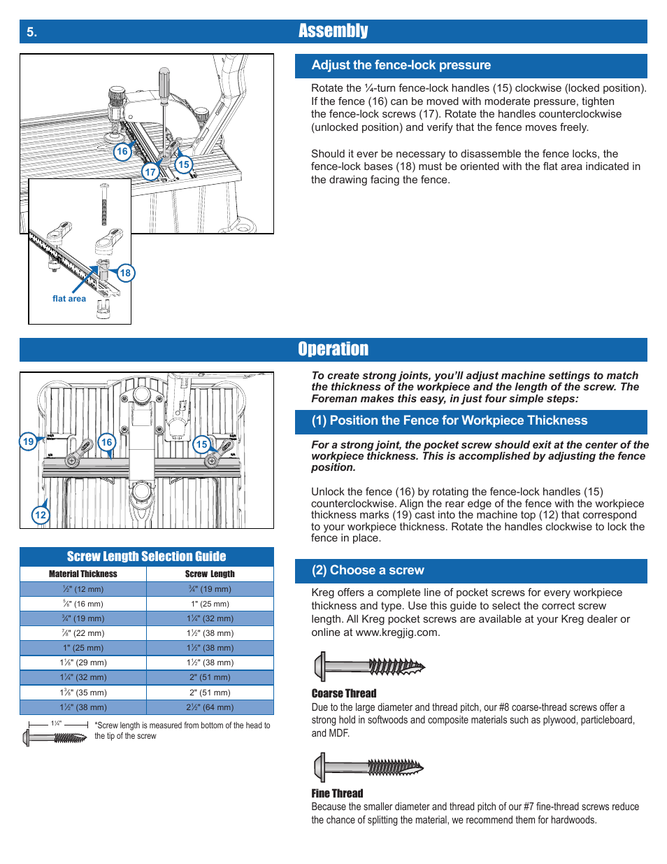 Assembly, Operation, Adjust the fence-lock pressure | 1) position the fence for workpiece thickness, 2) choose a screw, Screw length selection guide | Kreg DB210 Foreman Pocket-Hole Machine User Manual | Page 8 / 44