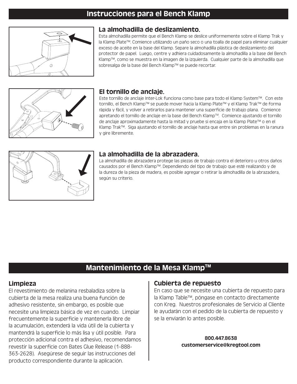 Instrucciones para el bench klamp, Mantenimiento de la mesa klamp | Kreg KKS1000 Klamp Table User Manual | Page 12 / 12