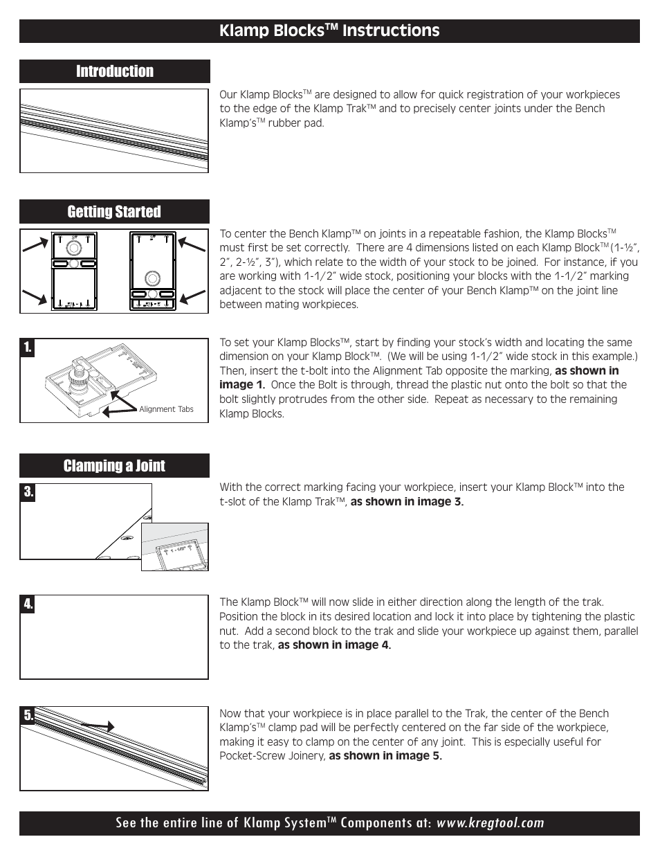 Klamp blocks, Instructions, See the entire line of klamp system | Introduction, Getting started, Clamping a joint | Kreg KKS1000 Klamp Table User Manual | Page 3 / 12