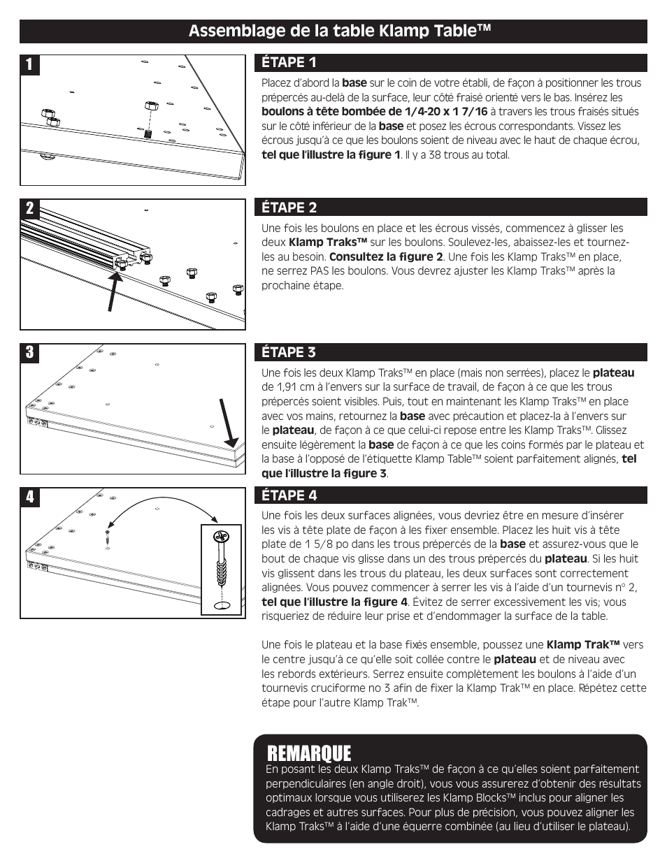 Remarque, Assemblage de la table klamp table | Kreg KKS1000 Klamp Table User Manual | Page 6 / 12