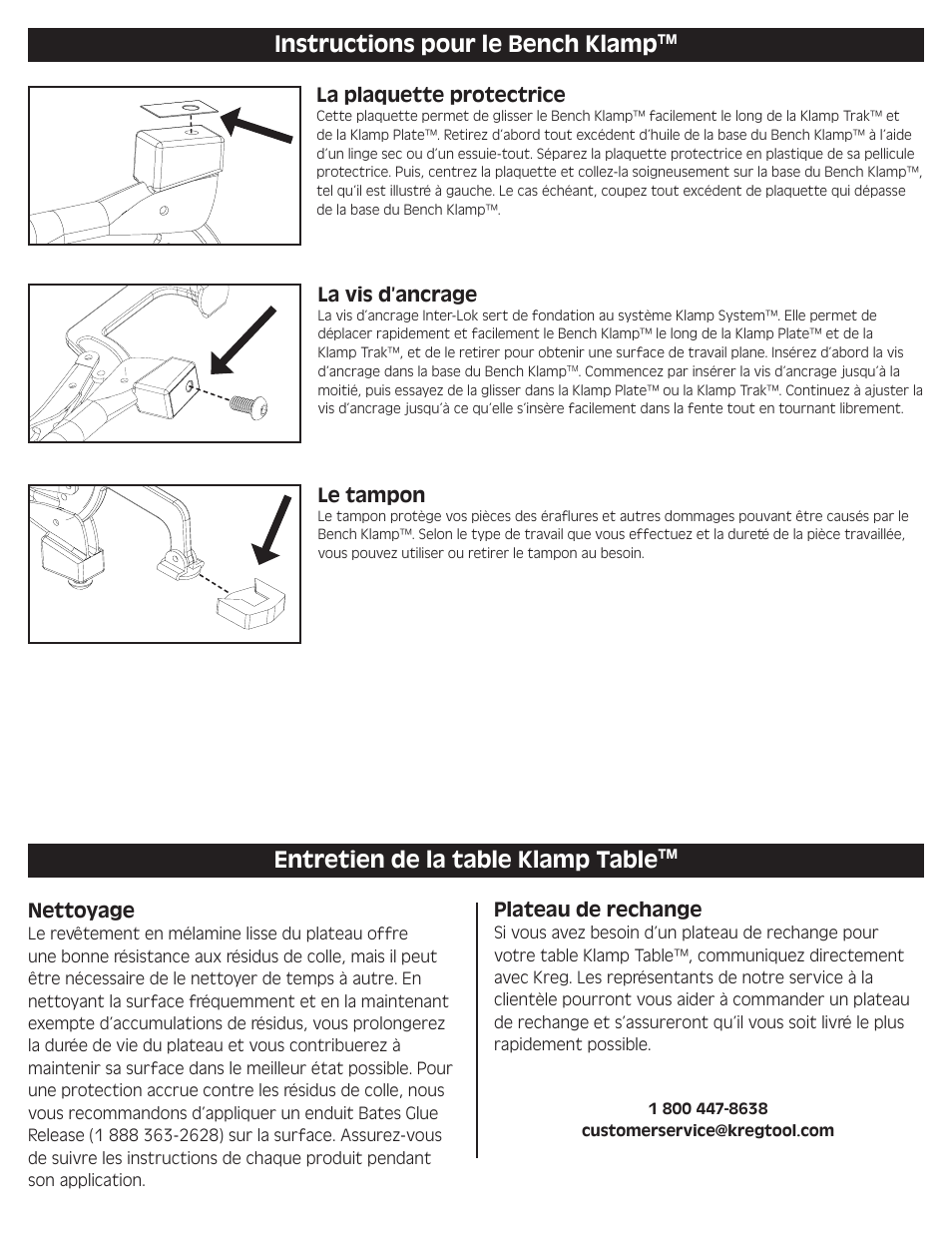 Instructions pour le bench klamp, Entretien de la table klamp table | Kreg KKS1000 Klamp Table User Manual | Page 8 / 12