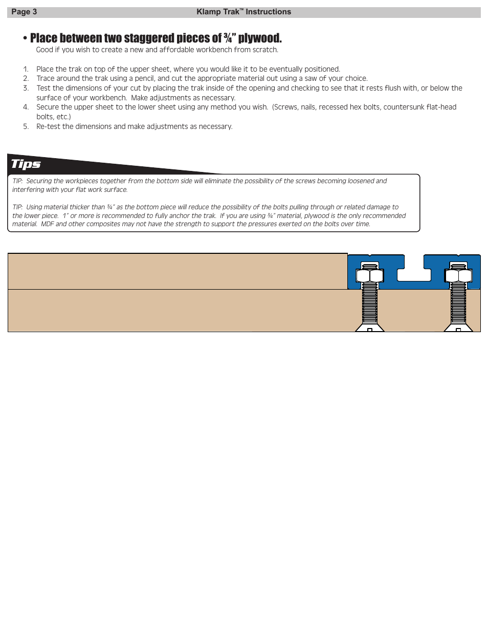 Tips, Place between two staggered pieces of ¾” plywood | Kreg KKS1020 Klamp Trak User Manual | Page 4 / 8