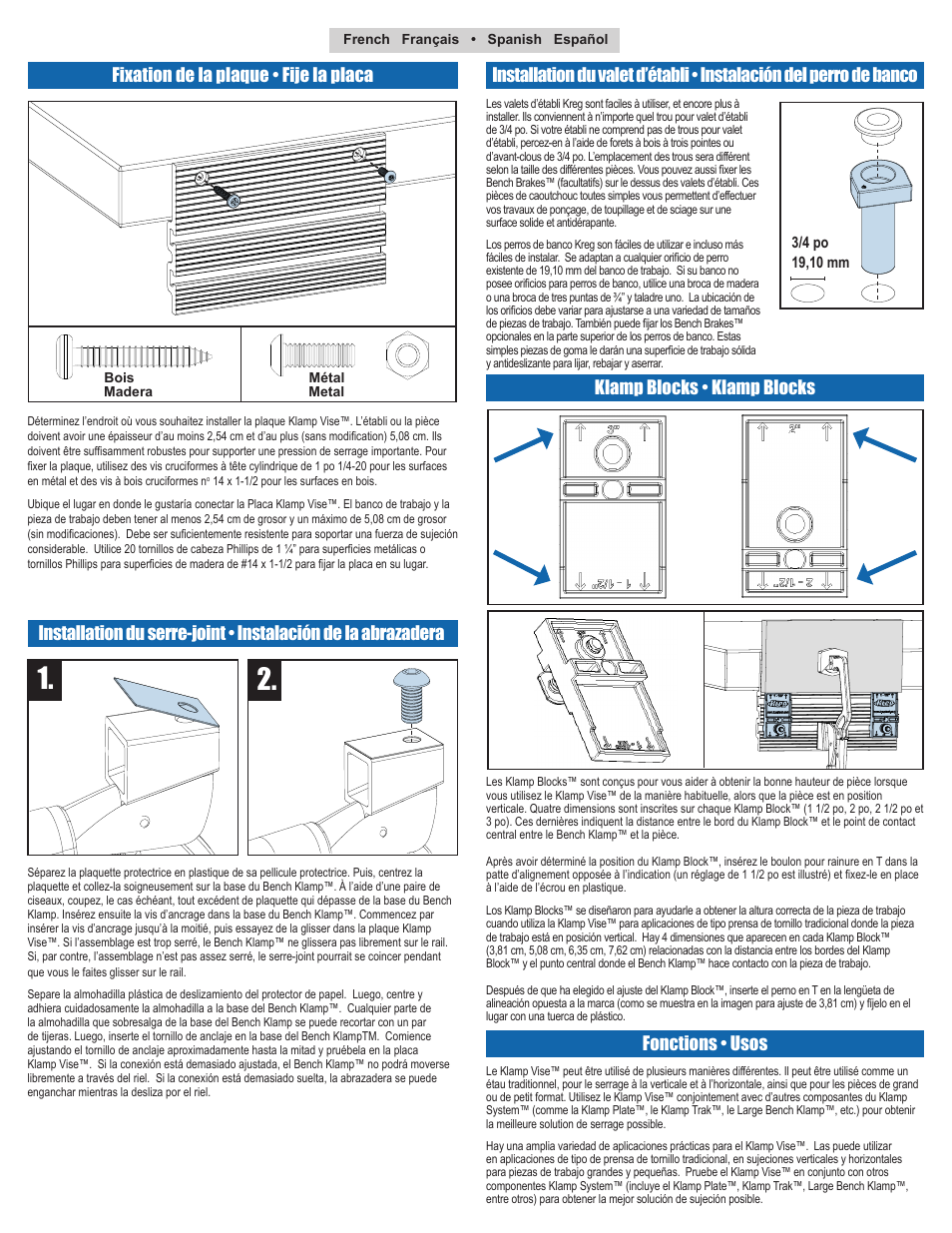 Fixation de la plaque • fije la placa, Fonctions • usos | Kreg KKS1060 Klamp Vise User Manual | Page 2 / 2