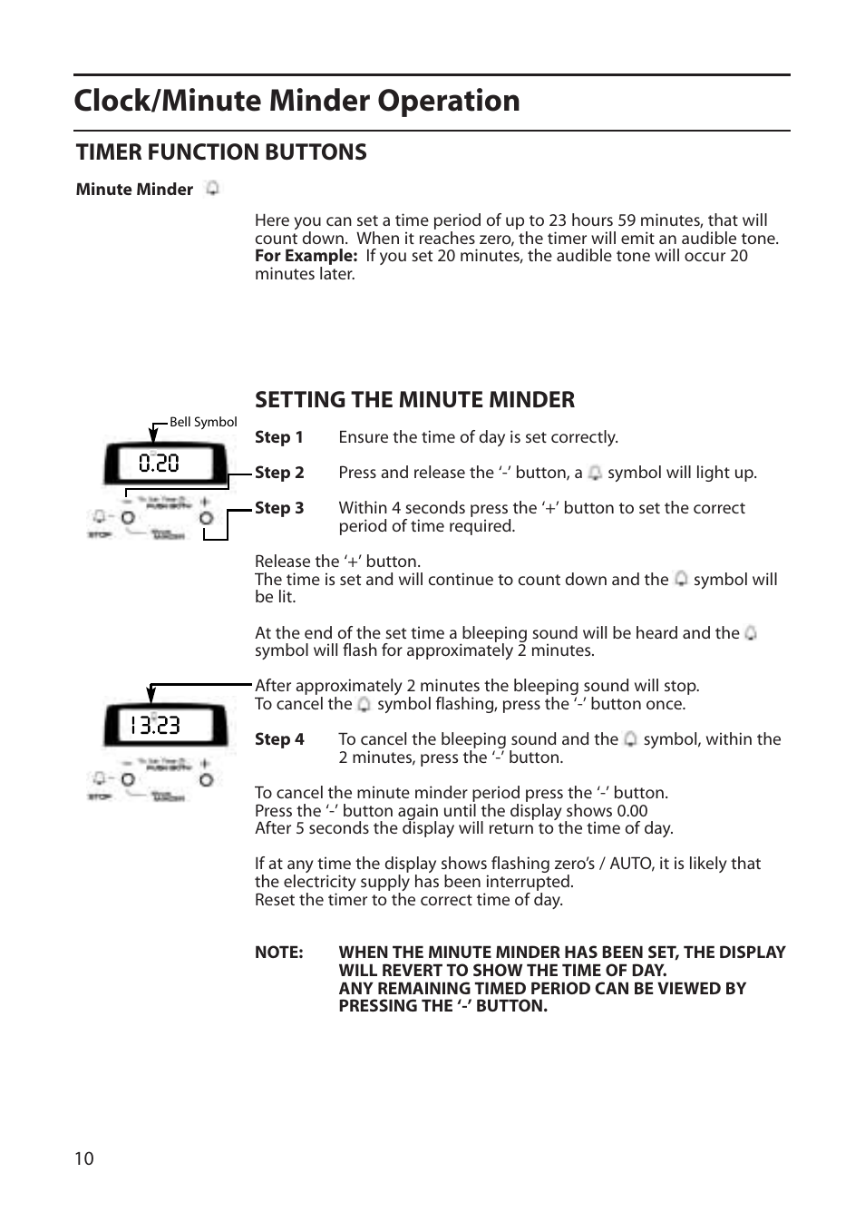 Clock/minute minder operation, Timer function buttons, Setting the minute minder | Creda D010E User Manual | Page 10 / 32