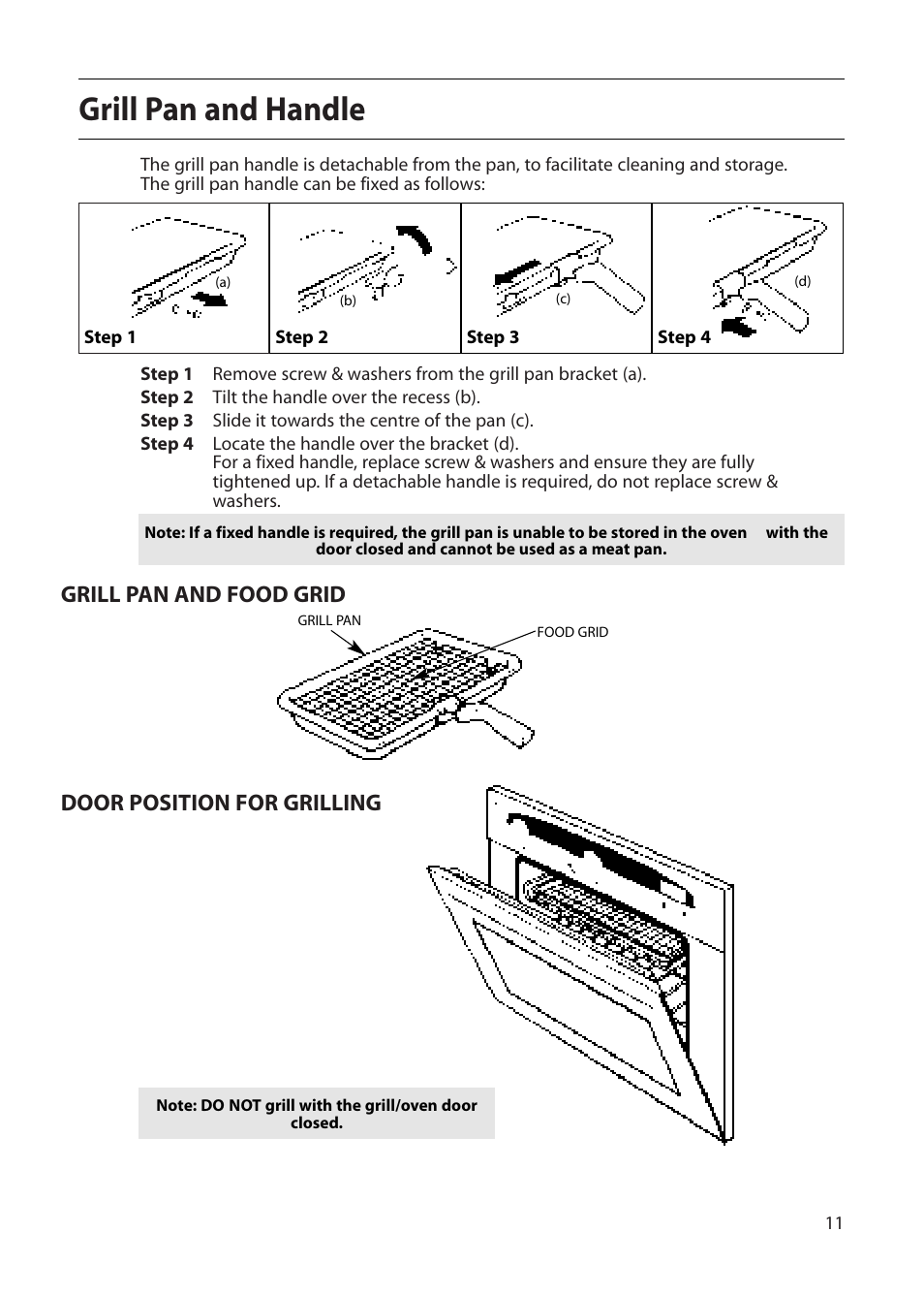 Grill pan and handle, Grill pan and food grid door position for grilling | Creda D010E User Manual | Page 11 / 32