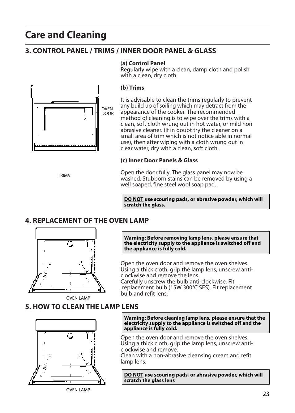 Care and cleaning, Control panel / trims / inner door panel & glass, Replacement of the oven lamp | How to clean the lamp lens | Creda D010E User Manual | Page 23 / 32