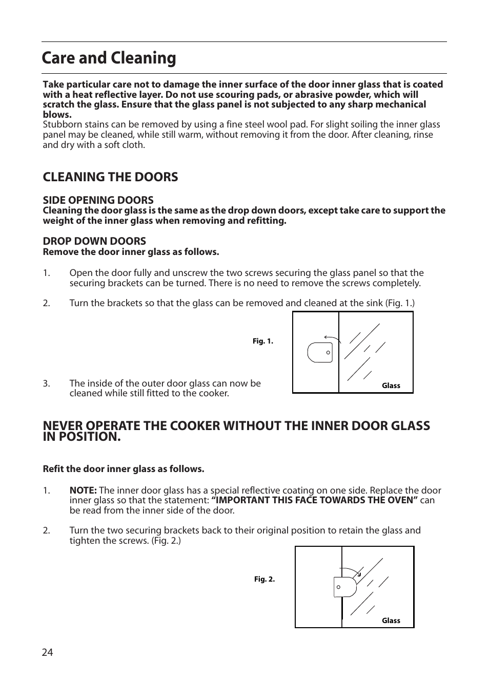 Care and cleaning, Cleaning the doors | Creda D010E User Manual | Page 24 / 32