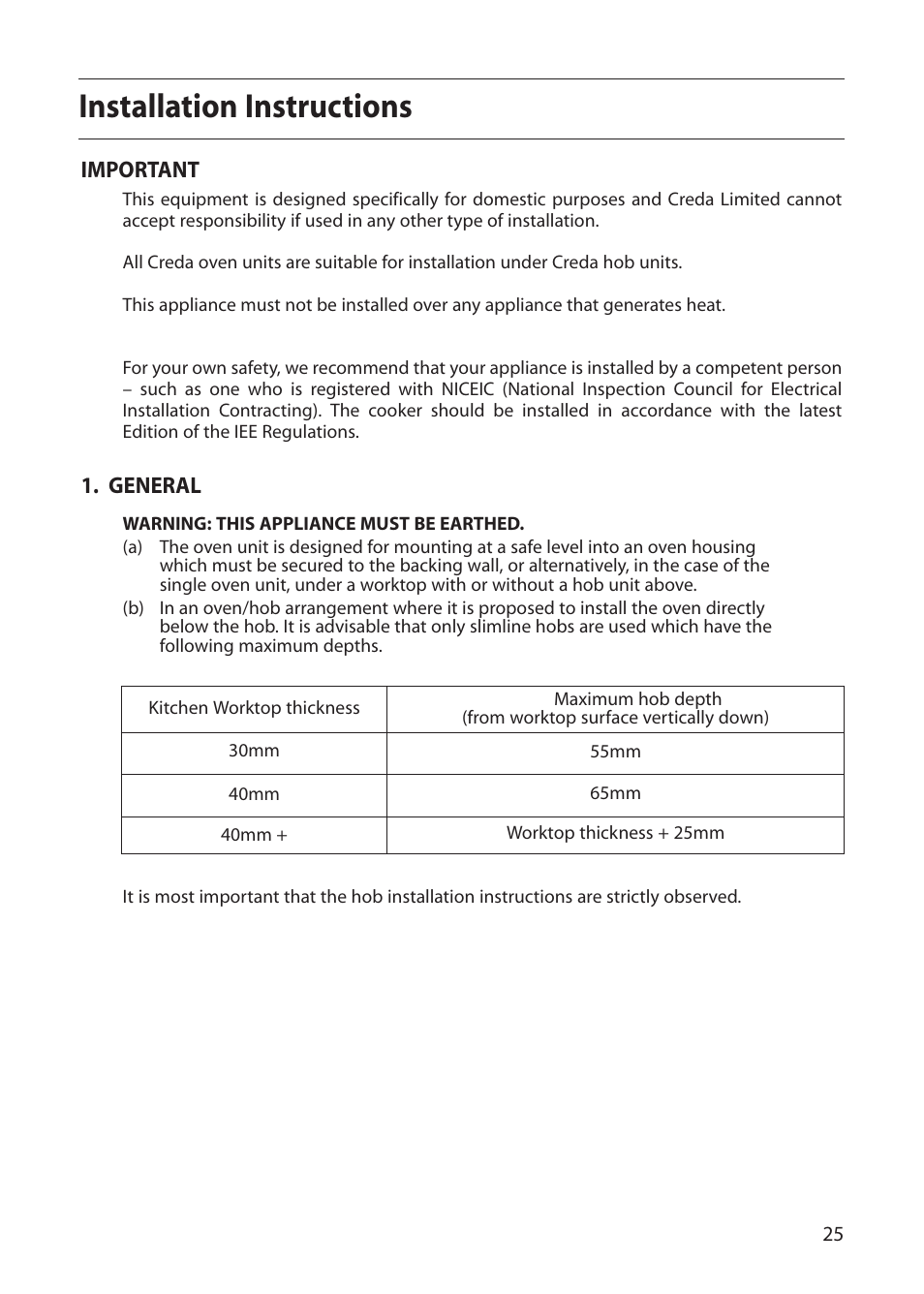 Installation instructions | Creda D010E User Manual | Page 25 / 32