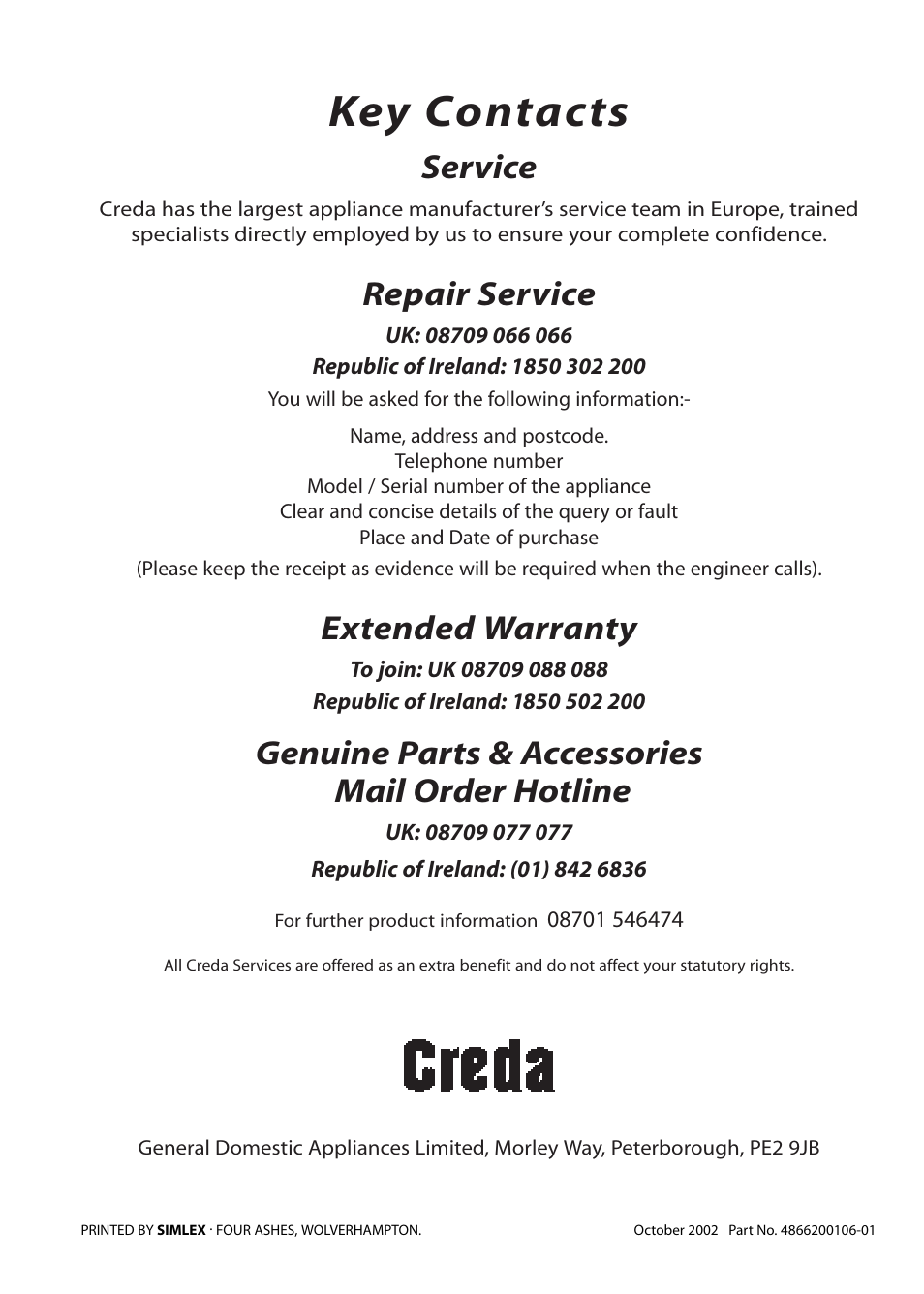 Key contacts, Service, Repair service | Extended warranty, Genuine parts & accessories mail order hotline | Creda D010E User Manual | Page 32 / 32