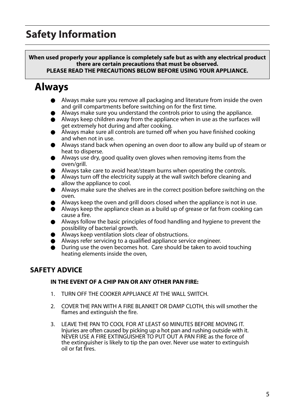 Safety information, Always | Creda D010E User Manual | Page 5 / 32