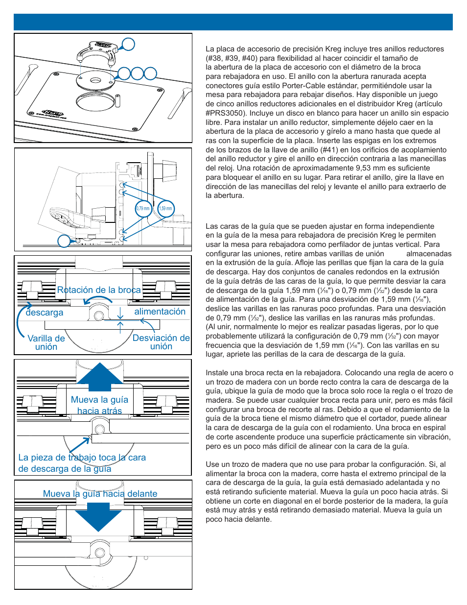 Uso de la mesa para rebajadora, Anillos reductores, Uniones | Kreg PRS2100 Precision Benchtop Router Table User Manual | Page 27 / 28