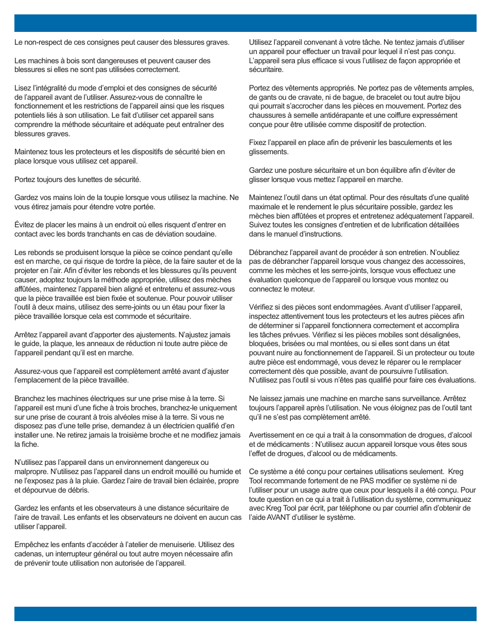 Consignes de sécurité | Kreg PRS3038 Precision Router Table Insert Plate - Undrilled User Manual | Page 16 / 24