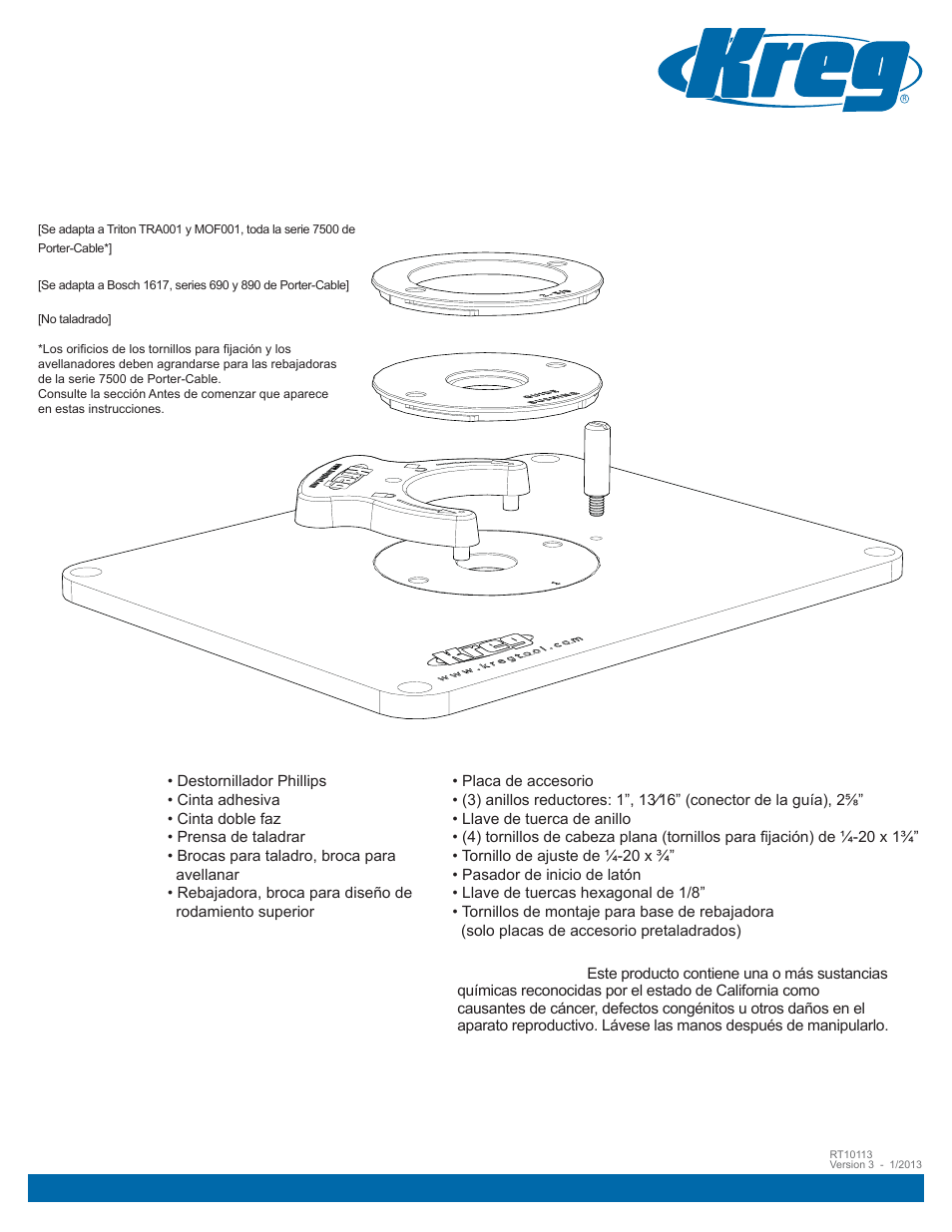 Insert plate, Precision router-table, Instrucciones de instalación | Kreg PRS3038 Precision Router Table Insert Plate - Undrilled User Manual | Page 17 / 24