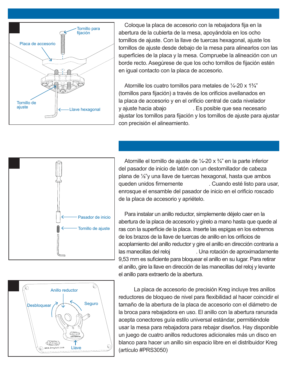 Instalación de la placa de accesorio de precisión, Kl m | Kreg PRS3038 Precision Router Table Insert Plate - Undrilled User Manual | Page 23 / 24