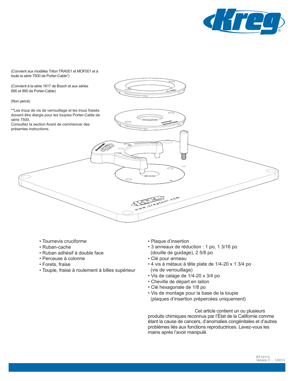 Insert plate, Precision router-table, Instructions pour l’installation | Kreg PRS3038 Precision Router Table Insert Plate - Undrilled User Manual | Page 9 / 24