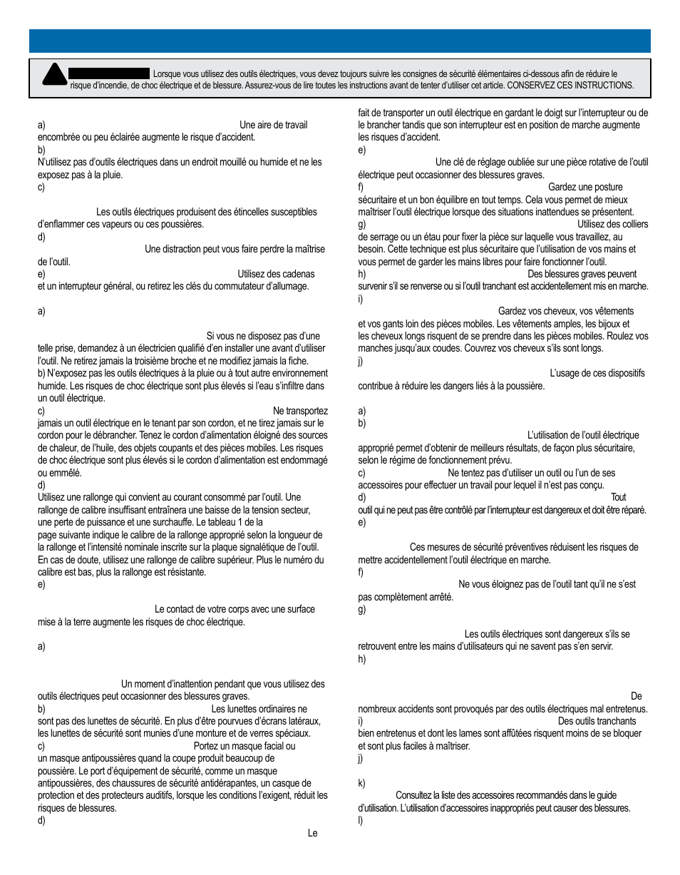 Consignes de sécurité générales | Kreg PRS1025 Precision Router Table Top User Manual | Page 8 / 20