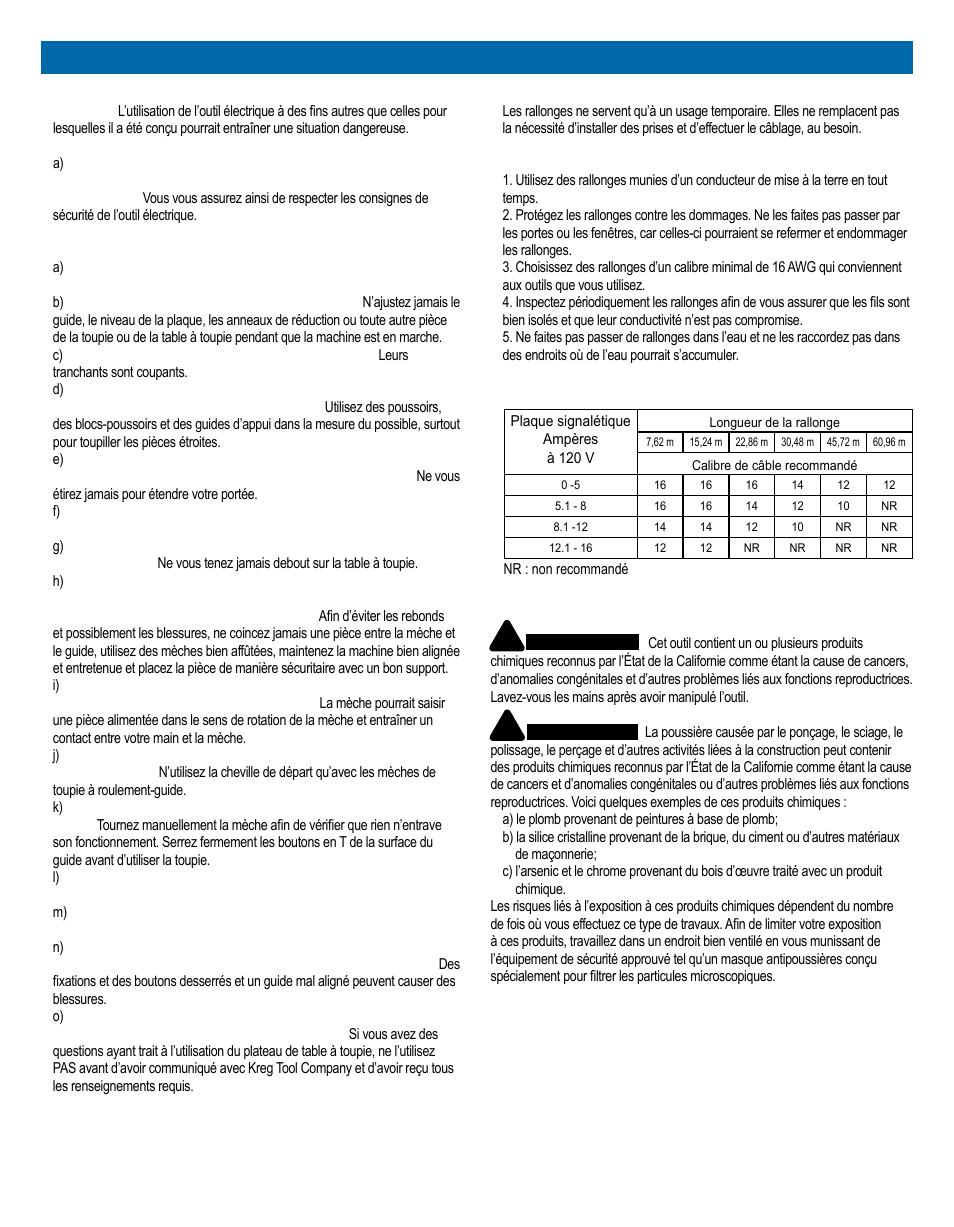 Consignes de sécurité générales | Kreg PRS1025 Precision Router Table Top User Manual | Page 9 / 20