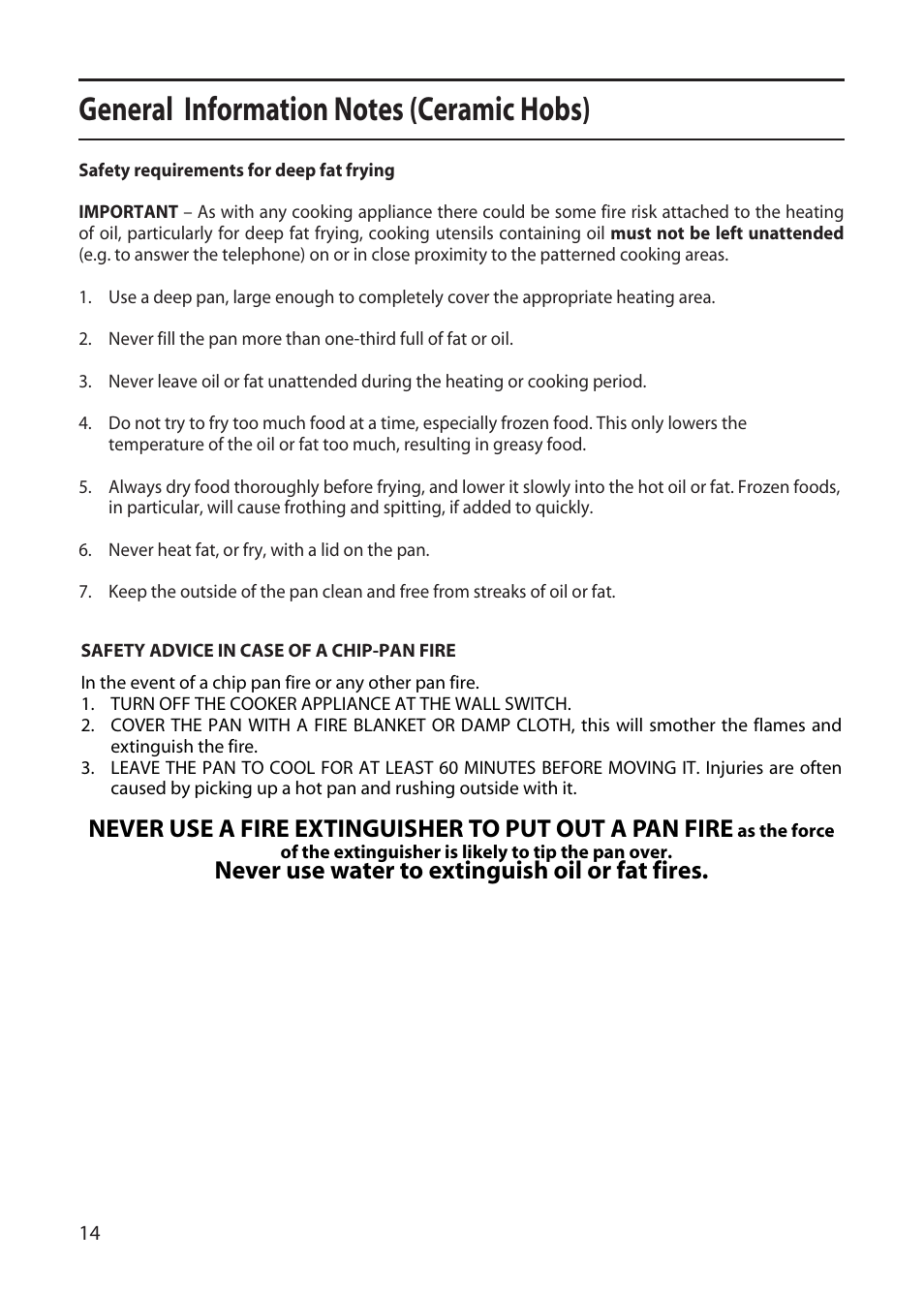 Never use water to extinguish oil or fat fires | Creda CF50E User Manual | Page 14 / 32