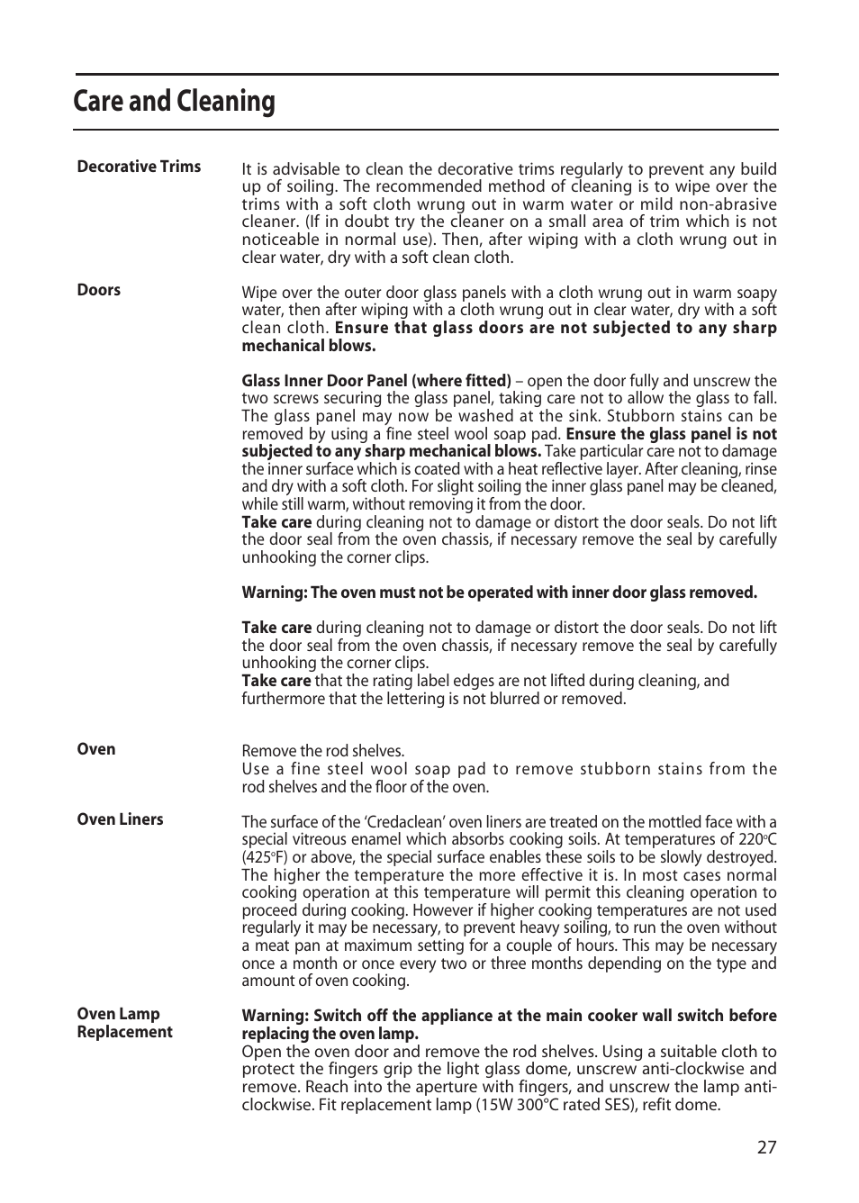 Care and cleaning | Creda CF50E User Manual | Page 27 / 32