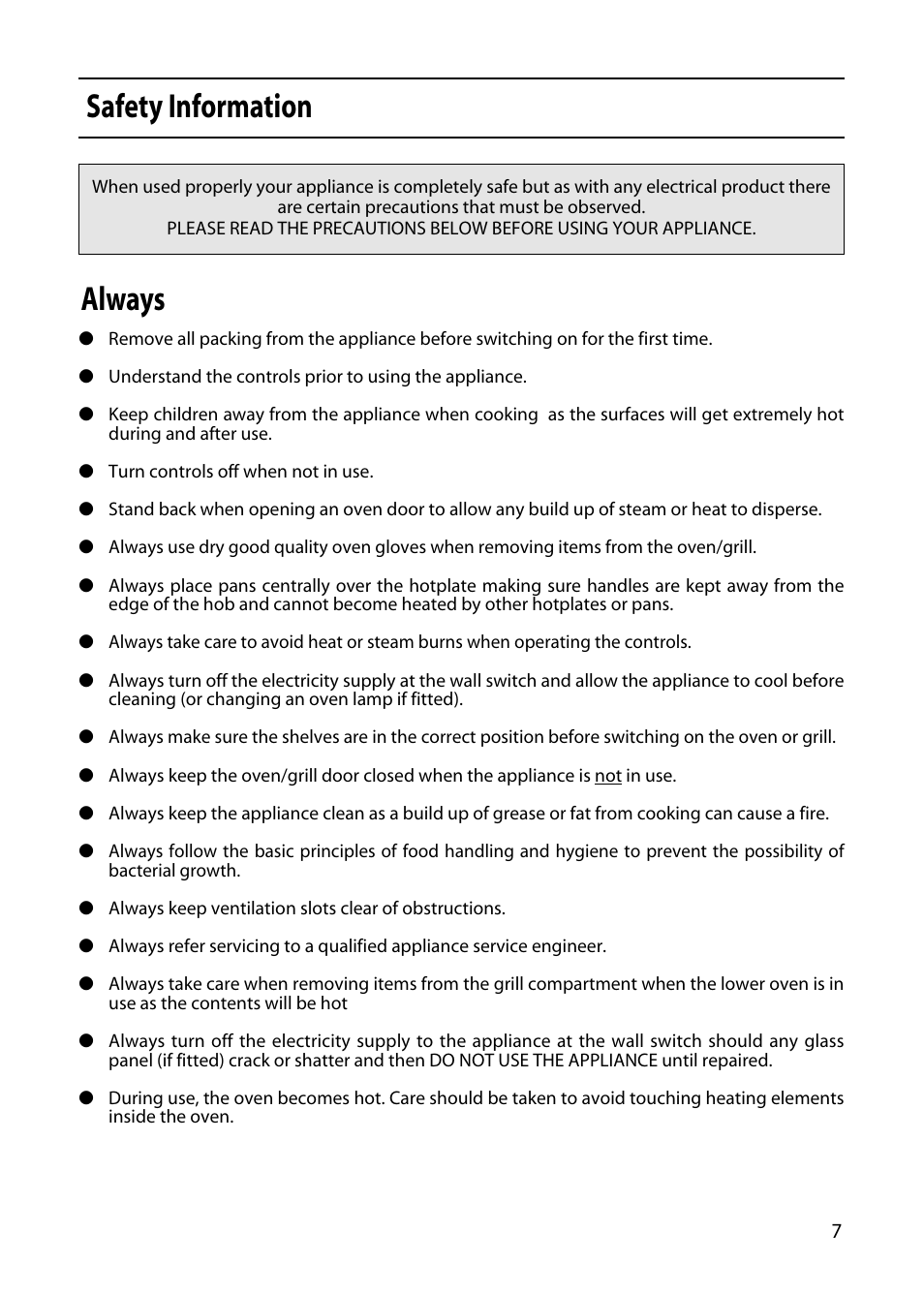 Safety information, Always | Creda CF50E User Manual | Page 7 / 32