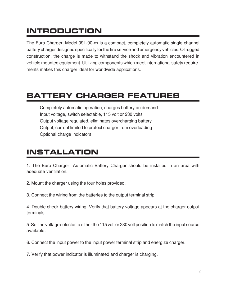 Battery charger features, Introduction installation | Kussmaul Electronics 091-90-12 User Manual | Page 2 / 6