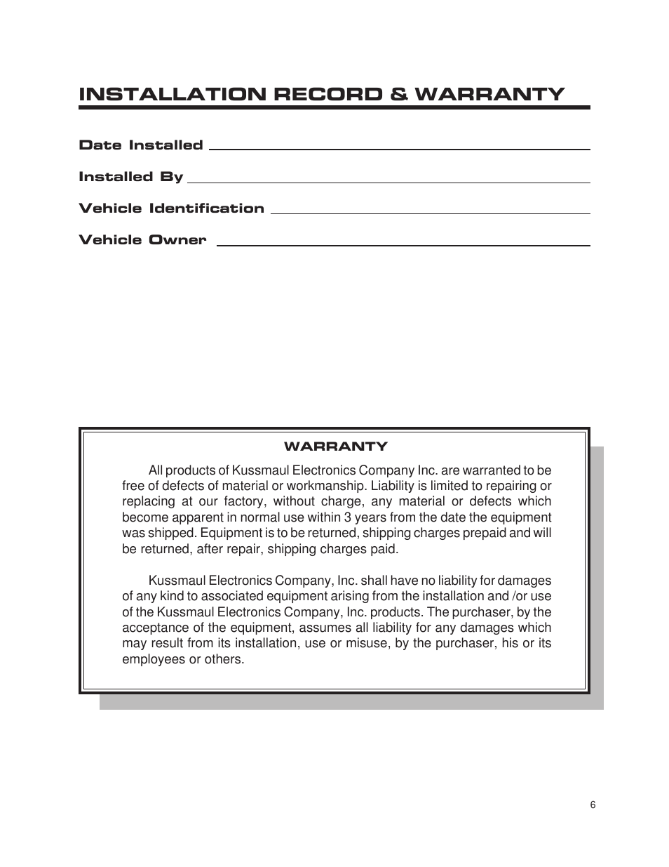 Installation record & warranty | Kussmaul Electronics 091-90-12 User Manual | Page 6 / 6