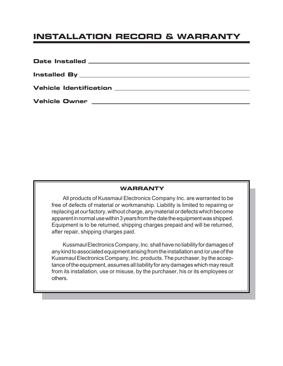 Installation record & warranty | Kussmaul Electronics 091-162-12 User Manual | Page 5 / 5