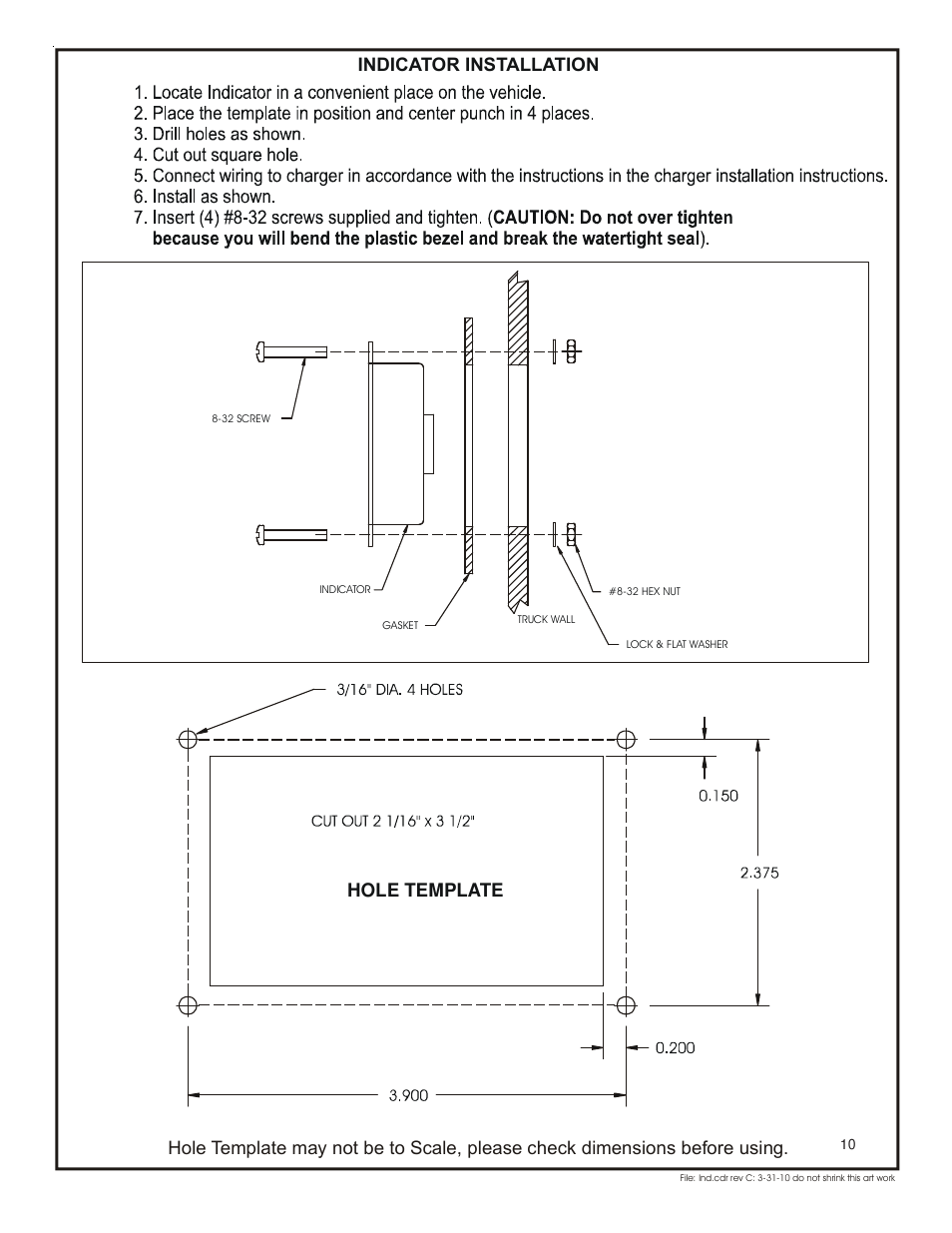 Indicator installation hole template | Kussmaul Electronics 091-165-12 User Manual | Page 10 / 11