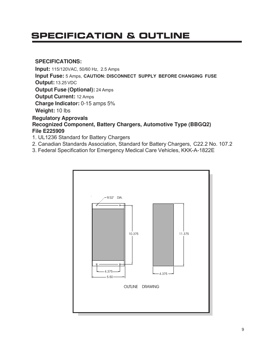 Specification & outline | Kussmaul Electronics 091-165-12 User Manual | Page 9 / 11